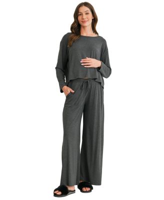 Maternity Wide-Leg Long-Sleeve Boat Neck Top and Pants, 2-Piece Set