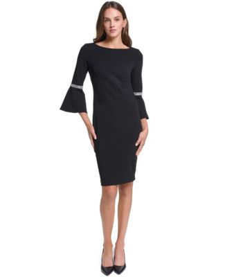 Women's Boat-Neck Bell Sleeve with Rhinestone Trim Sheath Dress