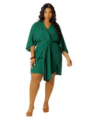 Plus Size Mini Wrap Surplice V-Neck Linen-Blend Dress