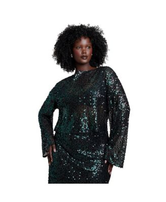 Plus Size Boat Neck Sequin Long-Sleeve Crop Top