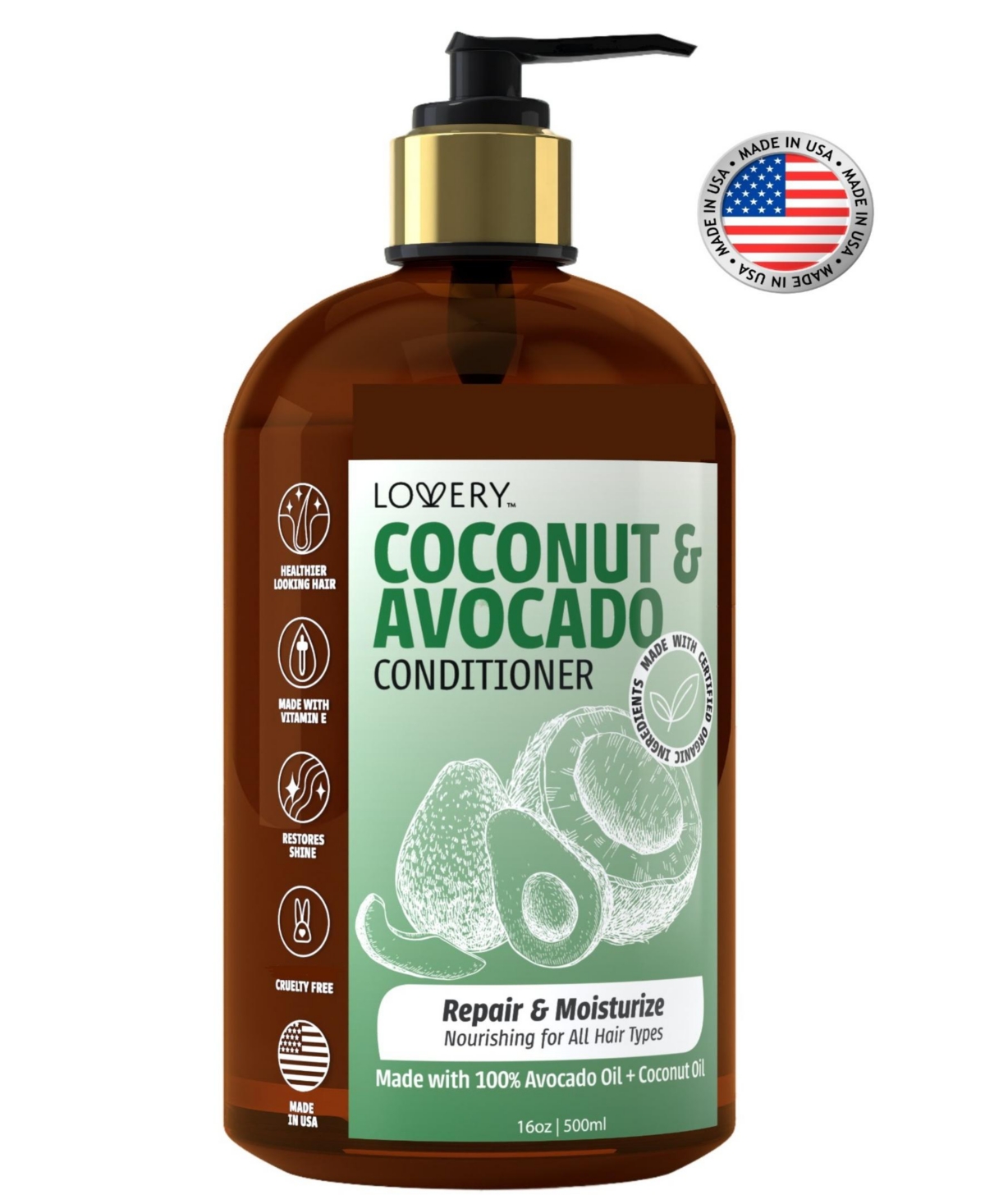 Lovery Coconut Avocado Conditioner, Hair Care with Avocado, Coconut, Argan and Jojoba Oils, Vitamin E, Paraben-Free, 16 fl oz - Brown, green, white, g