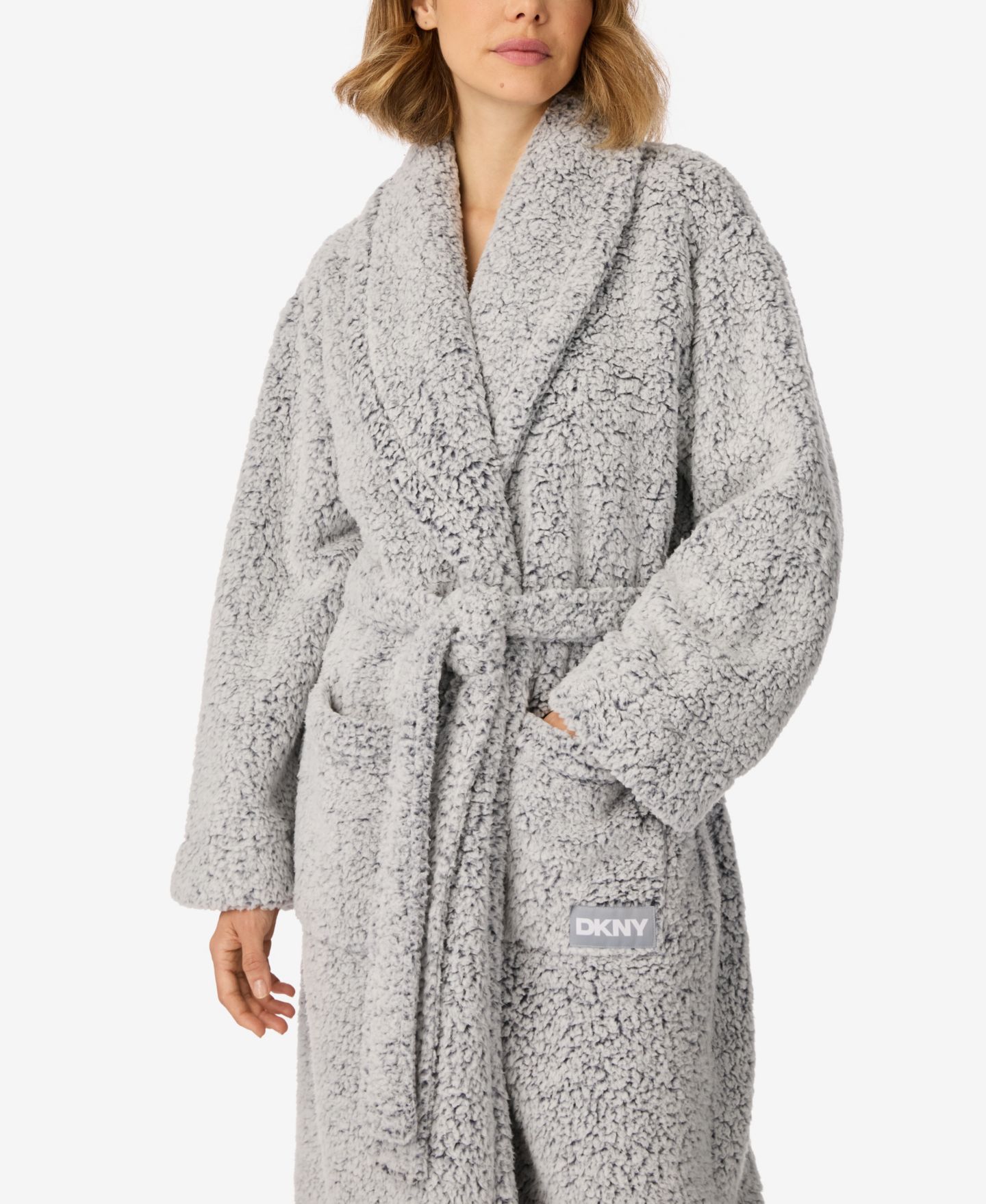 Халат, длинный рукав, с запахом, шерпа — DKNY, цвет: Серый — фото 3