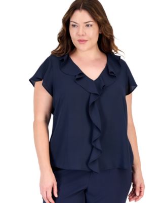 Plus Size Short-Sleeve V-Neck Ruffle-Front Blouse