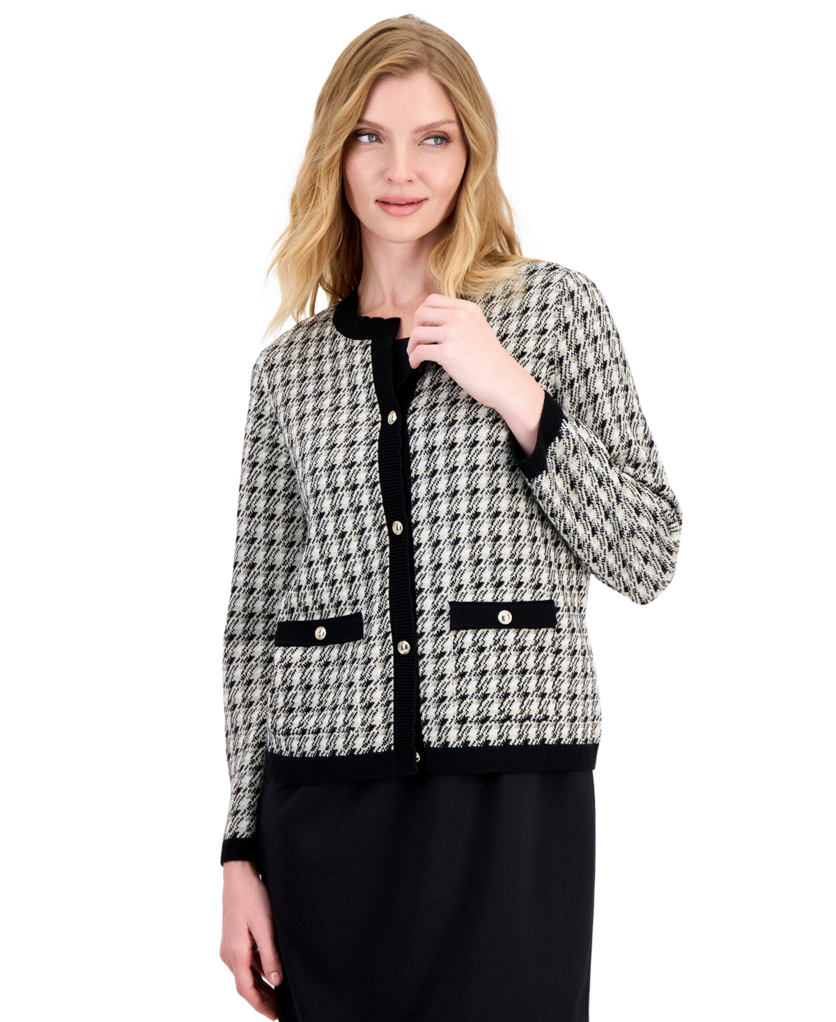 Kasper Women's Long Sleeve Birdseye Jacquard Button Front Cardigan Sweater