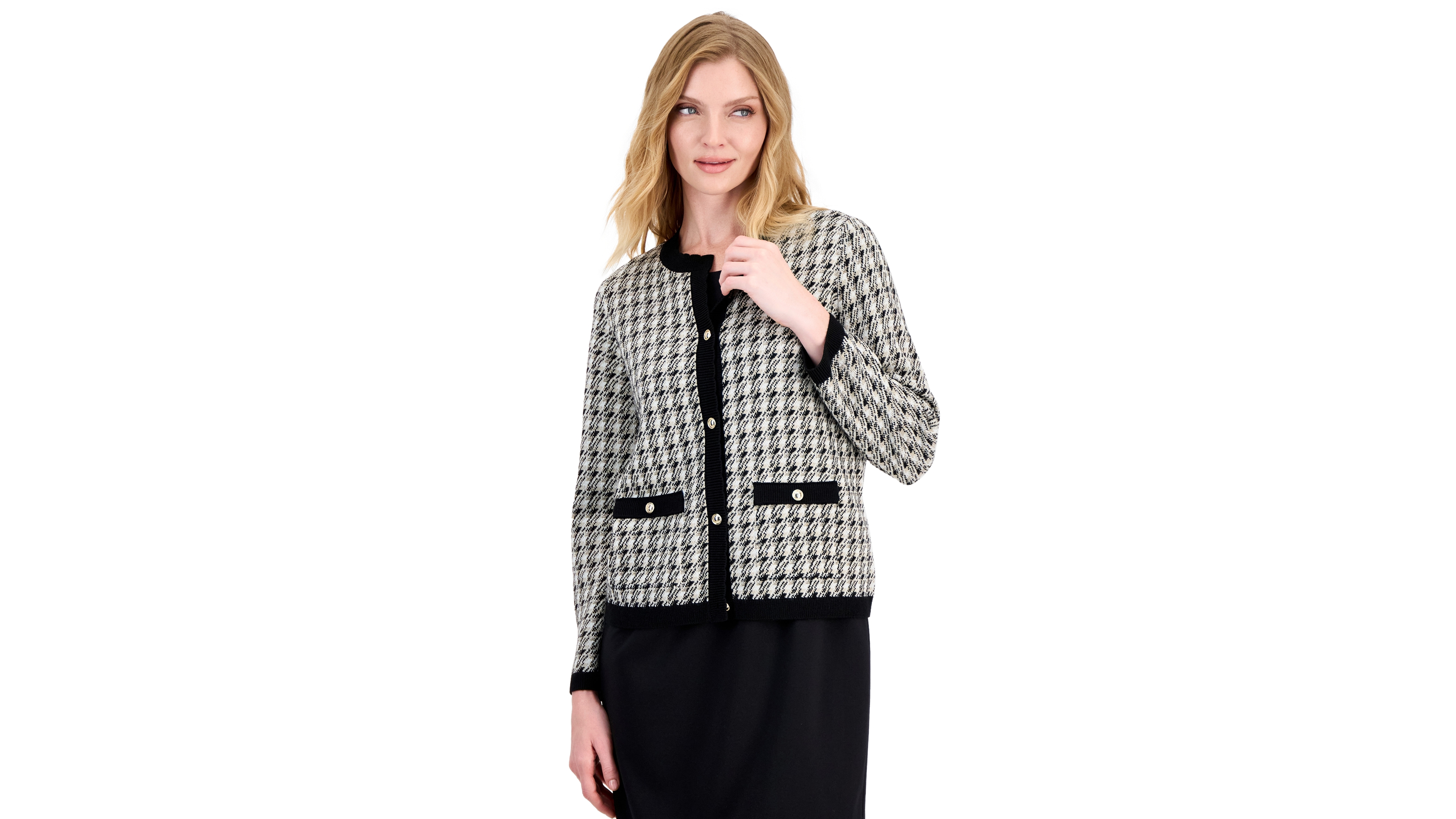 Kasper Women's Long Sleeve Birdseye Jacquard Button Front Cardigan Sweater