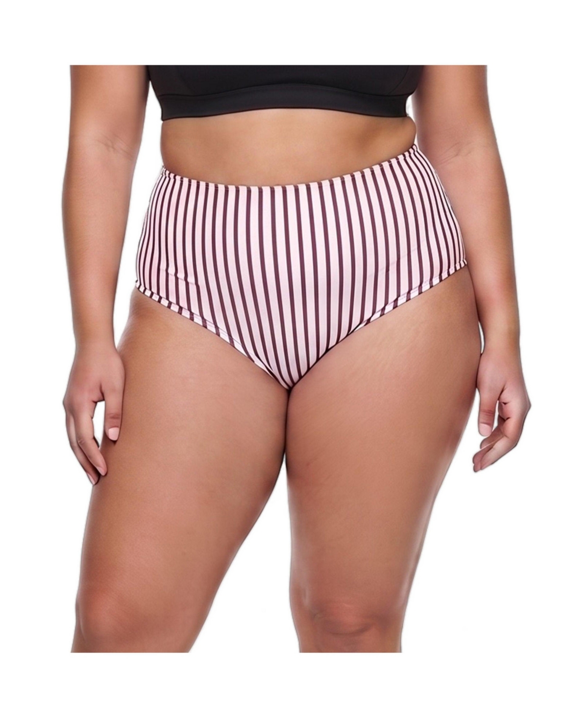 Calypsa Plus Size High-Waisted Bikini Bottom - Cinnamon stripes