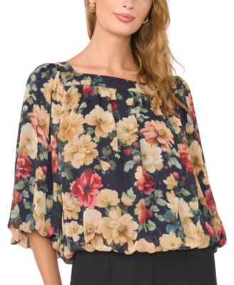 Women's Square Neck Bubble 3/4-Sleeve Chiffon Floral-Print Blouse