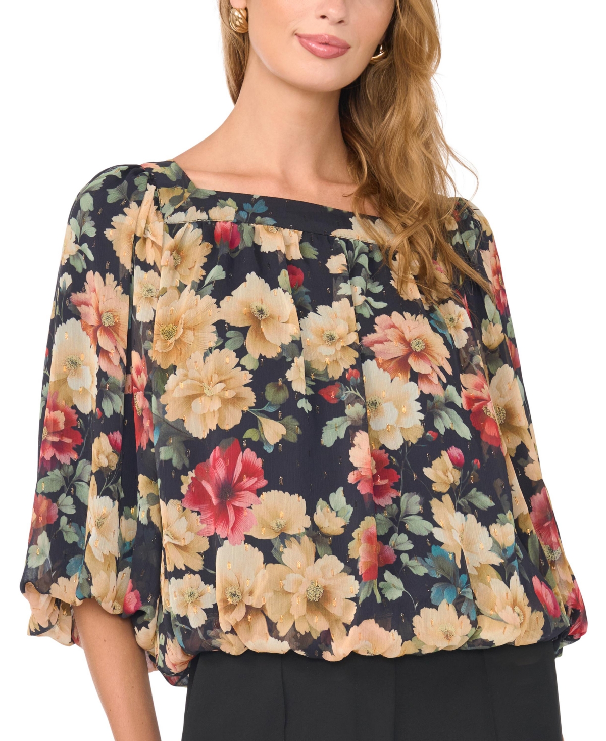 Vince Camuto Women's Square Neck Bubble 3/4-Sleeve Chiffon Floral-Print Blouse