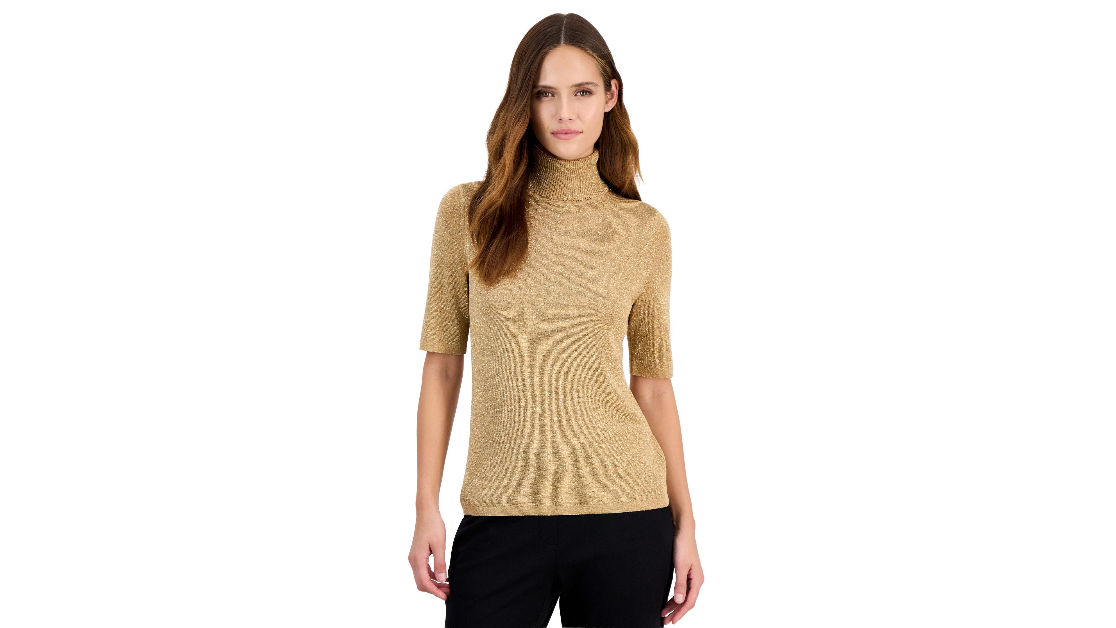 Anne Klein Womens Metallic Knit Turtleneck Sweater