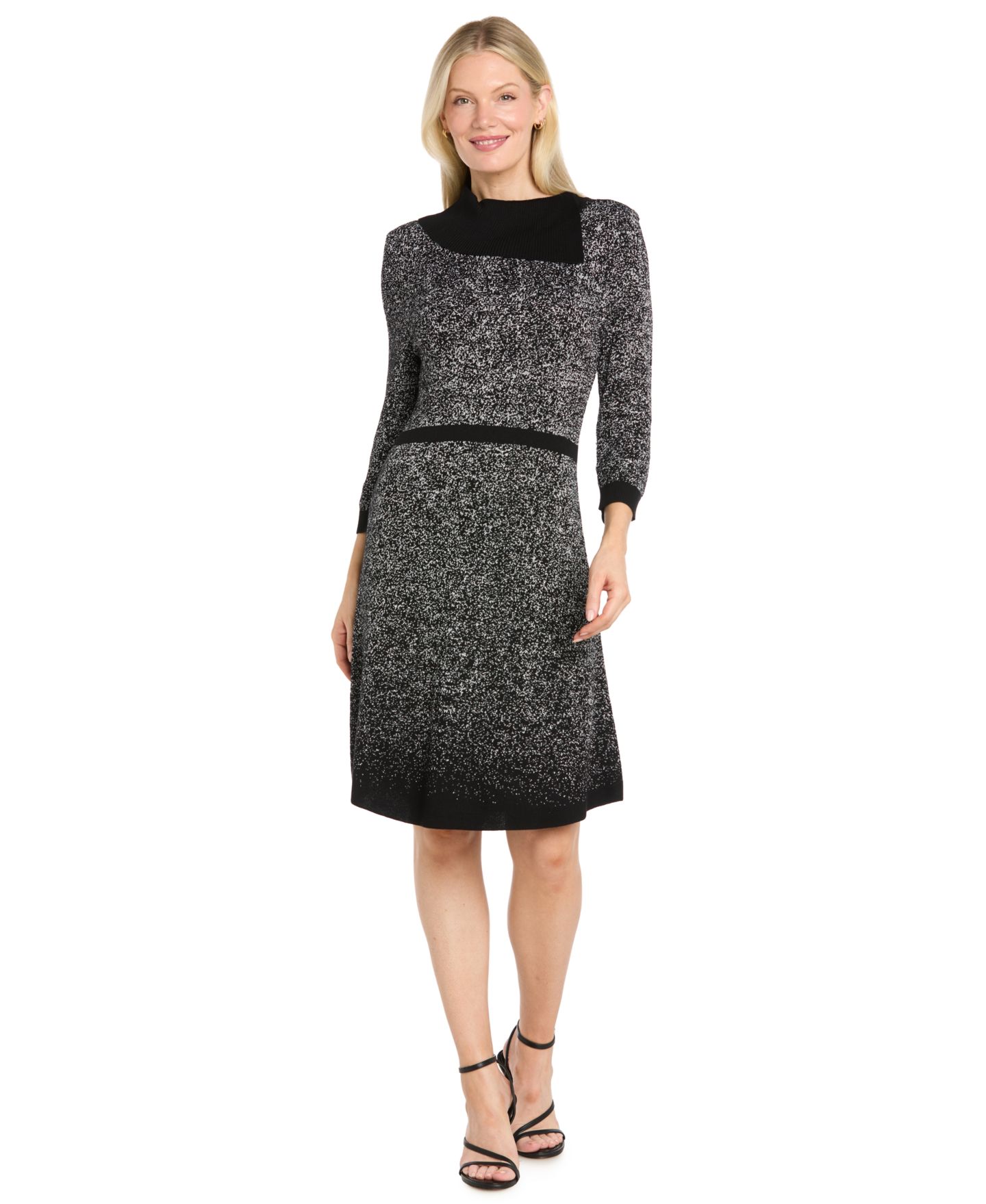 Женское платье R & M Richards Fit and Flare Metallic Ombré 3/4-Sleeve Sweater Dress, цвет: Чёрный серебряный — фото 1