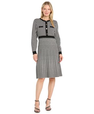 Women's Fit Flare Houndstooth Long-Sleeve Dress