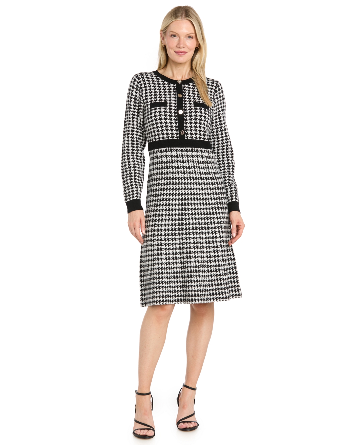 R & M Richards Women's Fit Flare Houndstooth Long-Sleeve Dress
