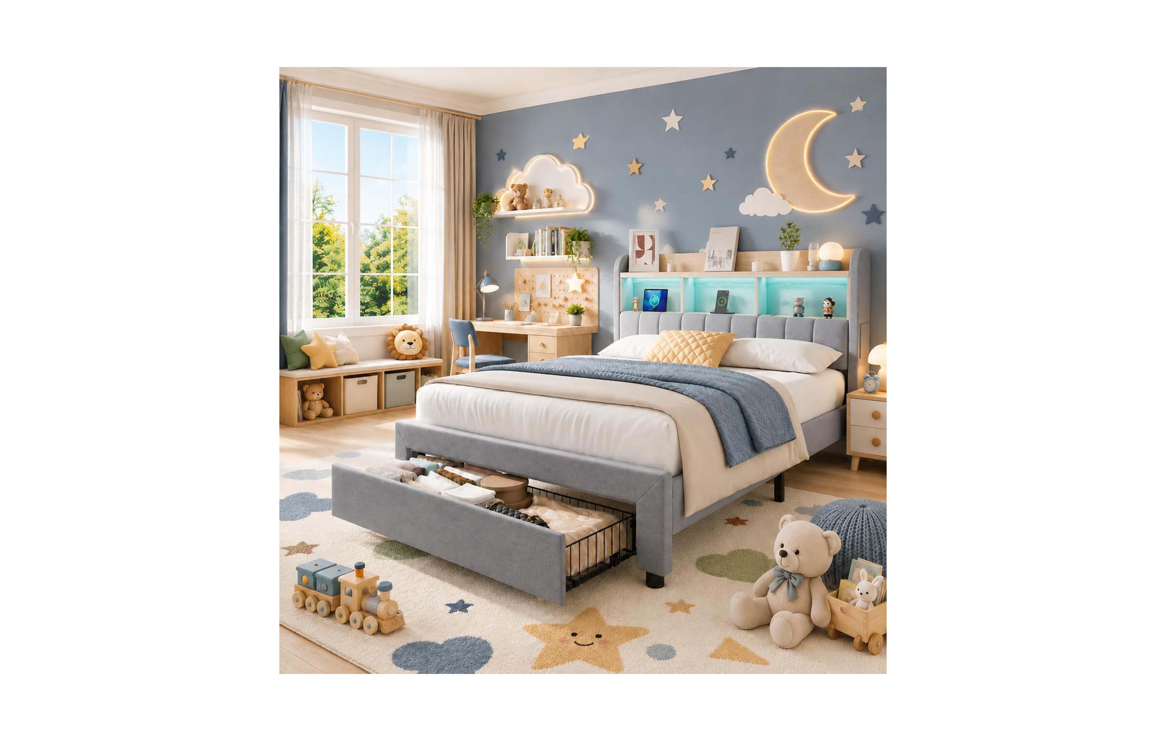 homfan Twin Upholstered Platform Bed Frame with 2 Storage Drawers Led Lights Charging Station Headboard Linen for Bedroom