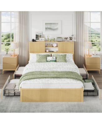 Bed Frame with 4 Storage Drawers, 2-Tier Storage Headboard, USB Charging, Metal Slats, No Box Spring Needed