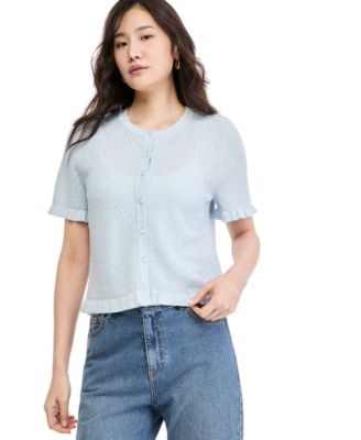 Women's Pointelle Short-Sleeve Crewneck Cardigan