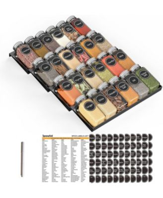 4-Tier Drawer Spice Organizer with 24 Jars, 386 Labels, and Tray Insert (11.25" W x 17.5" D)