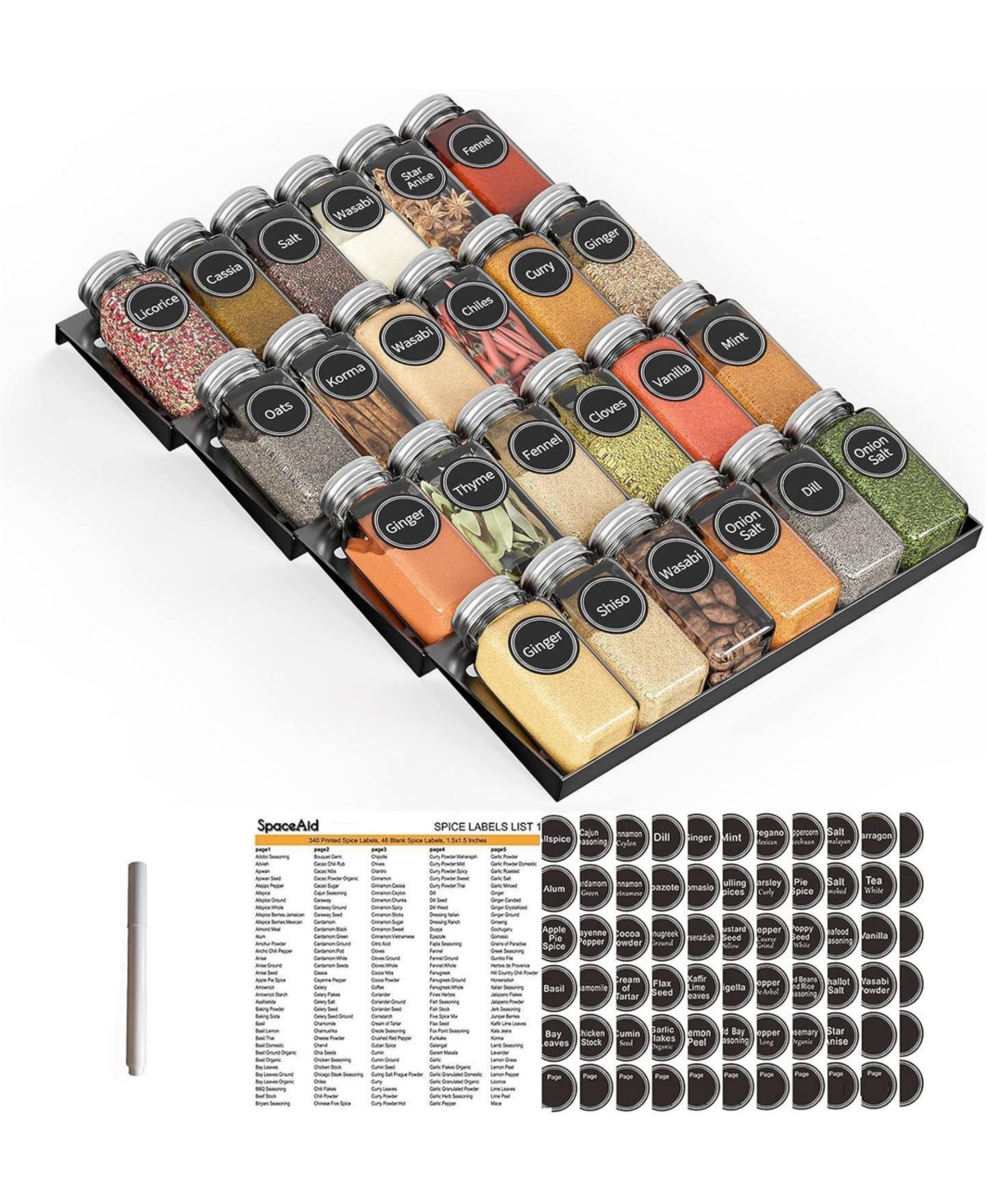 SpaceAid 4-Tier Drawer Spice Organizer with 24 Jars, 386 Labels, and Tray Insert (11.25" W x 17.5" D)
