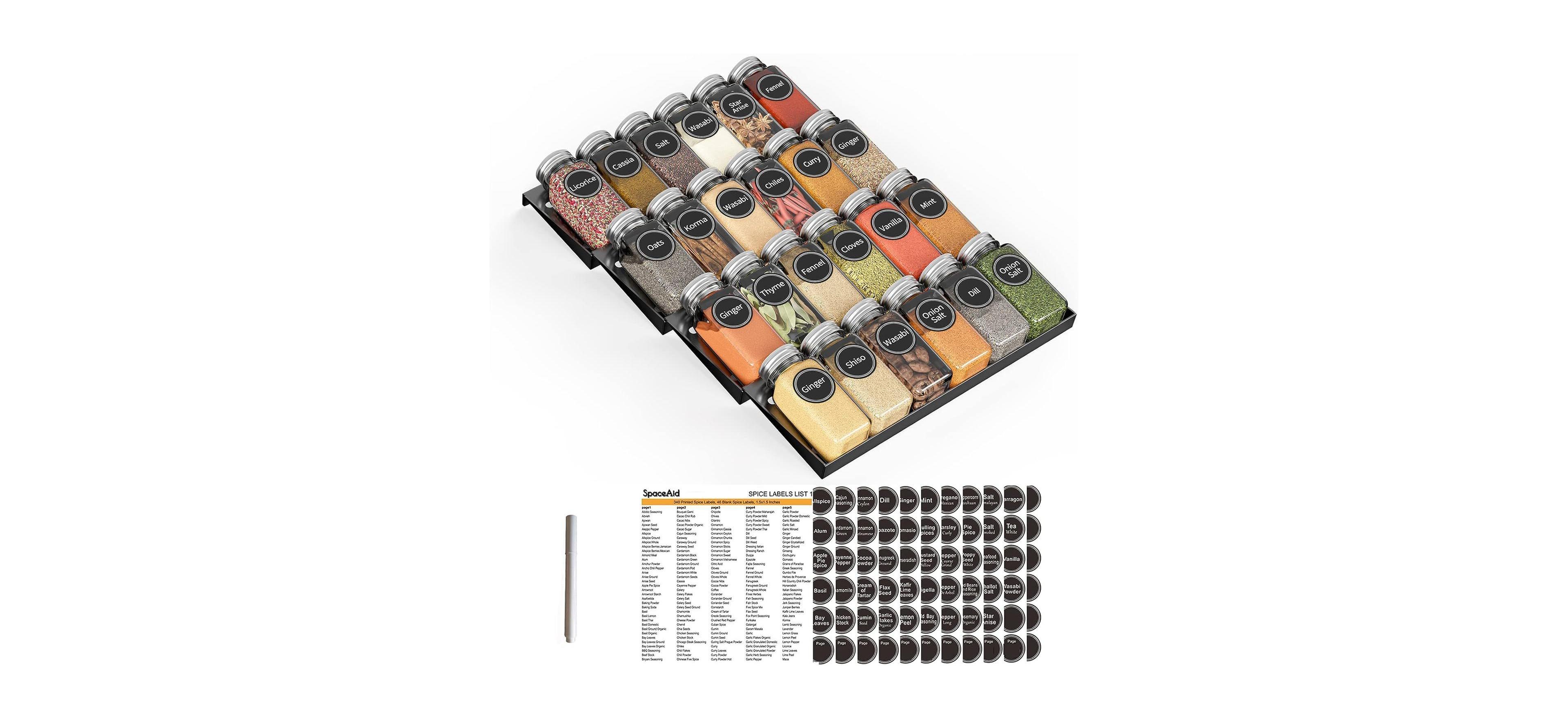 SpaceAid 4-Tier Drawer Spice Organizer with 24 Jars, 386 Labels, and Tray Insert (11.25" W x 17.5" D)