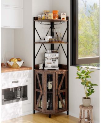 Corner Bar Cabinet Wine Rack with RGB LED Lights Built In Outlet 4 Tier MDF Metal Frame for Home Bar Kitchen Dining Room
