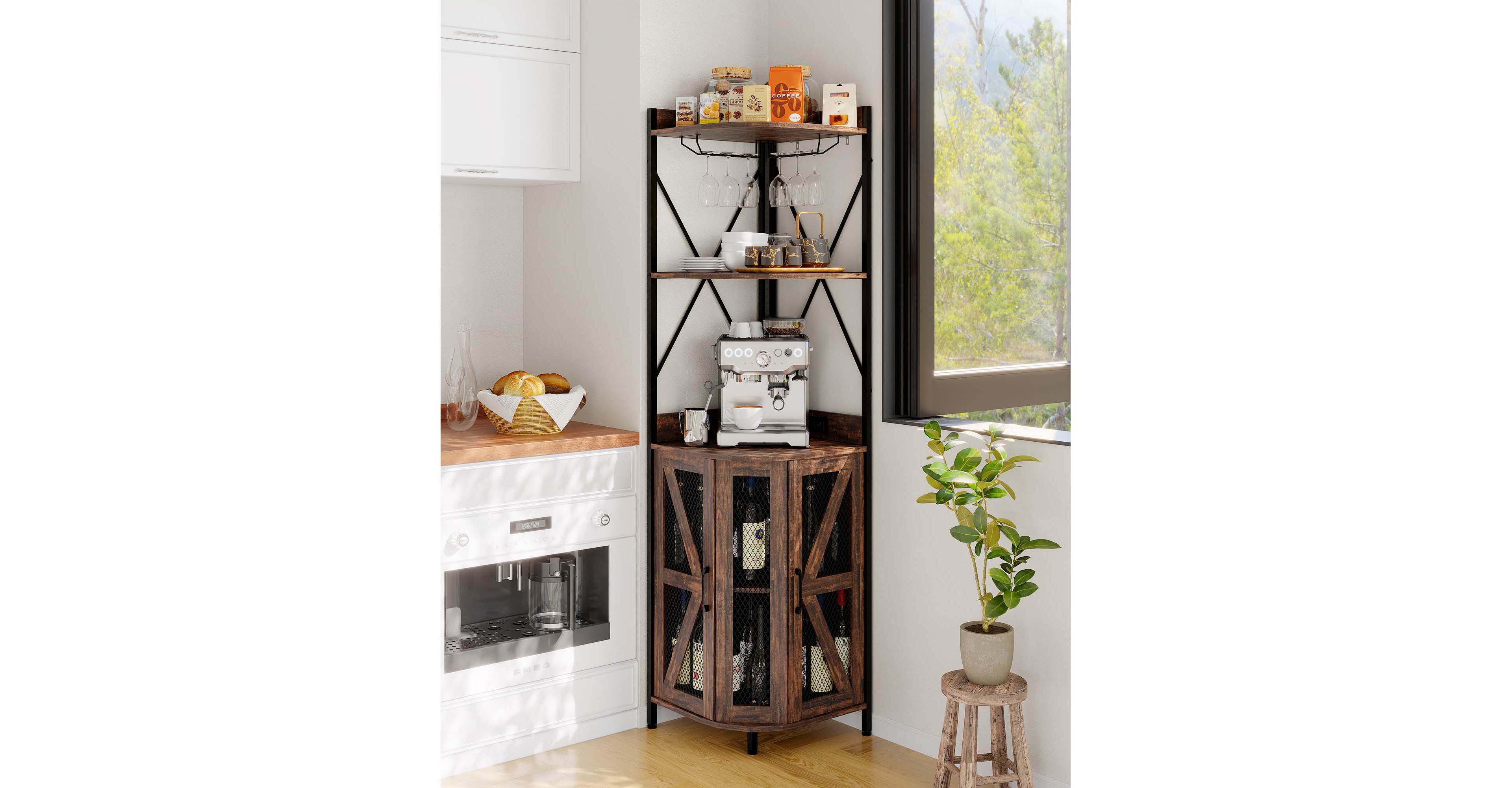 homfan Corner Bar Cabinet Wine Rack with Rgb Led Lights Built In Outlet 4 Tier Mdf Metal Frame for Home Bar Kitchen Dining Room