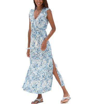 Women's Viscose Printed Side Slit A-Line V-Neck Elastic-Waist Maxi Dress