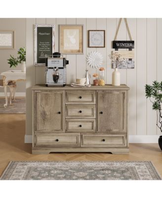  Farmhouse Sideboard Buffet Cabinet, Wood Finish with 5 Drawers and 2 Doors, Coffee Bar Storage Credenza for Dining Room Living Room Entryway