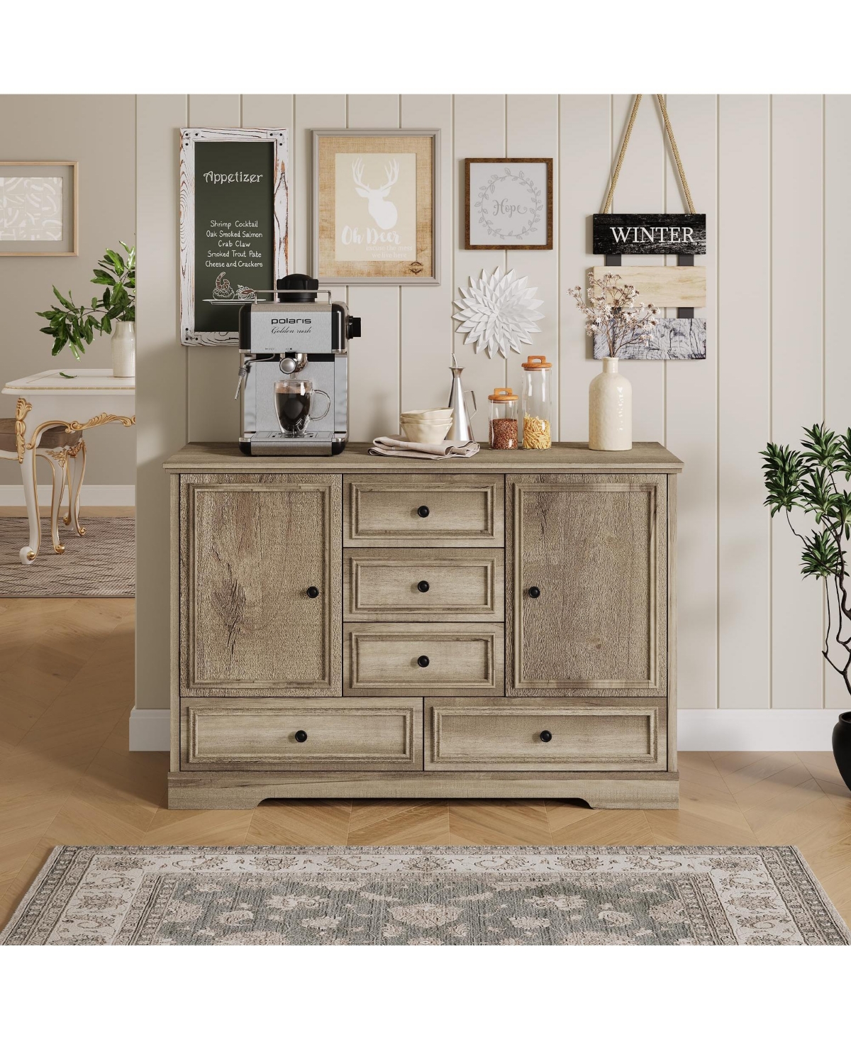 gaomon Farmhouse Sideboard Buffet Cabinet, Wood Finish with 5 Drawers and 2 Doors