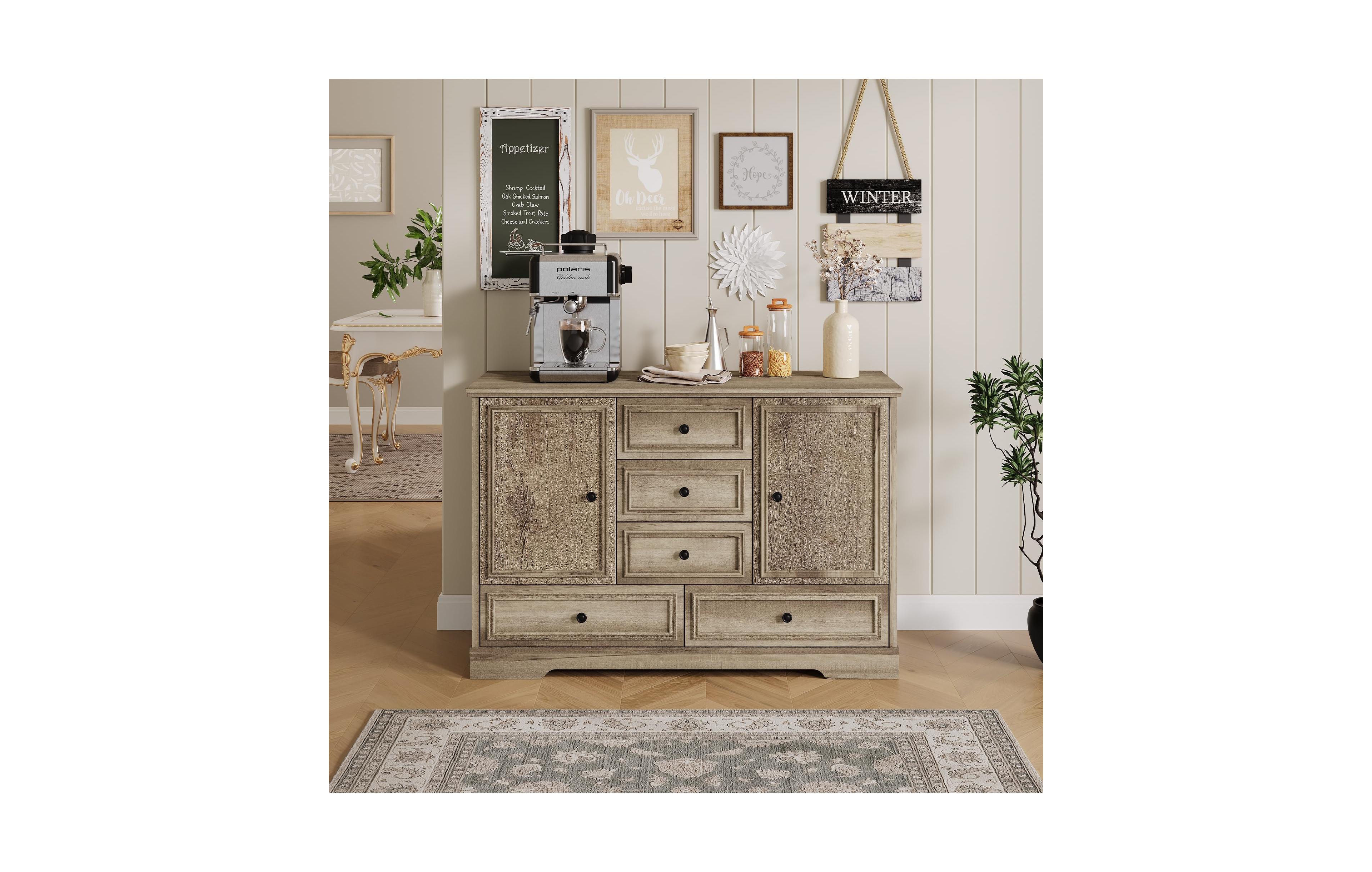 gaomon Farmhouse Sideboard Buffet Cabinet, Wood Finish with 5 Drawers and 2 Doors