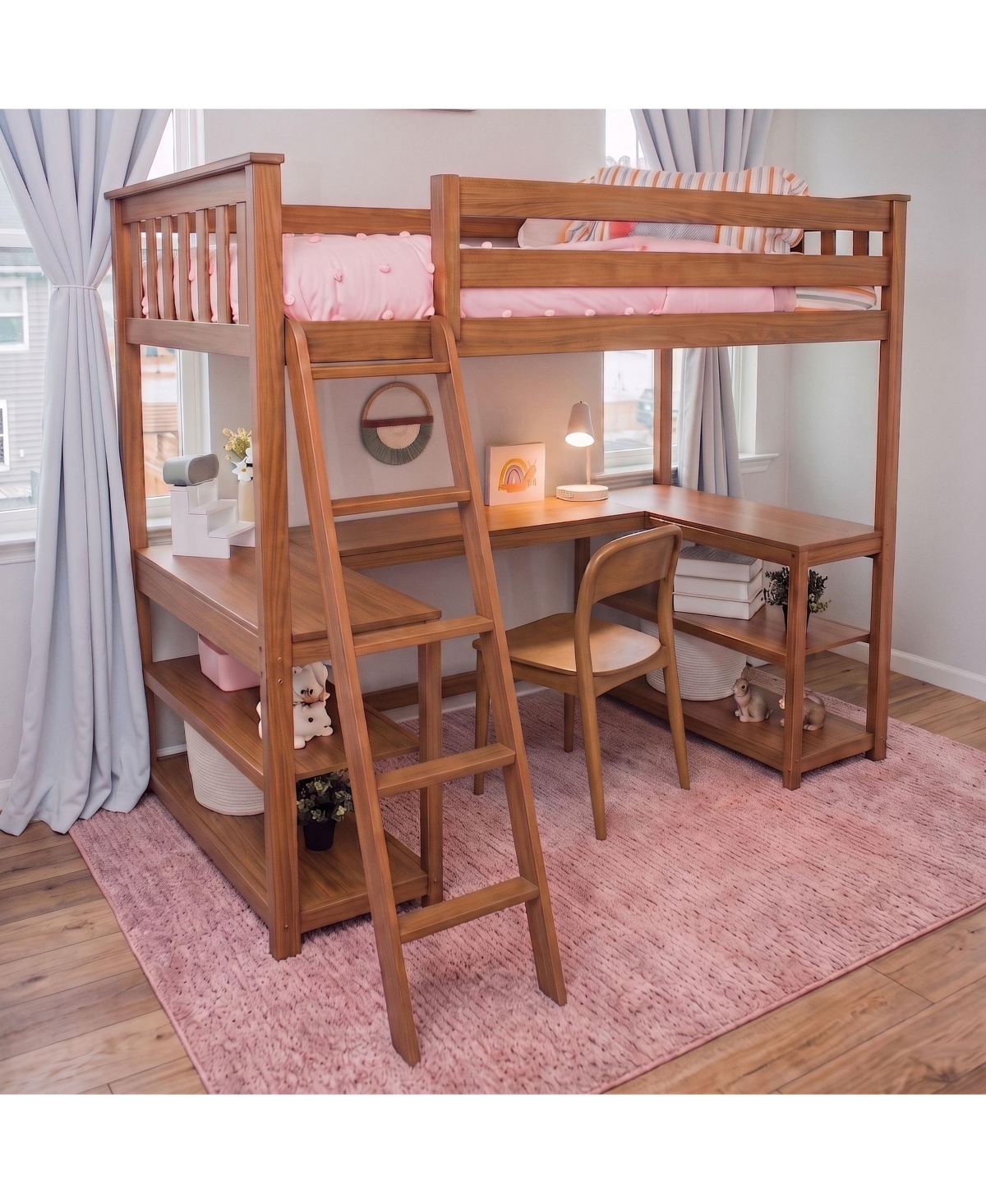 Max and Lily Twin Loft Bed, Solid Wood Bed with Desk Storage Shelves for Kids, Pecan
