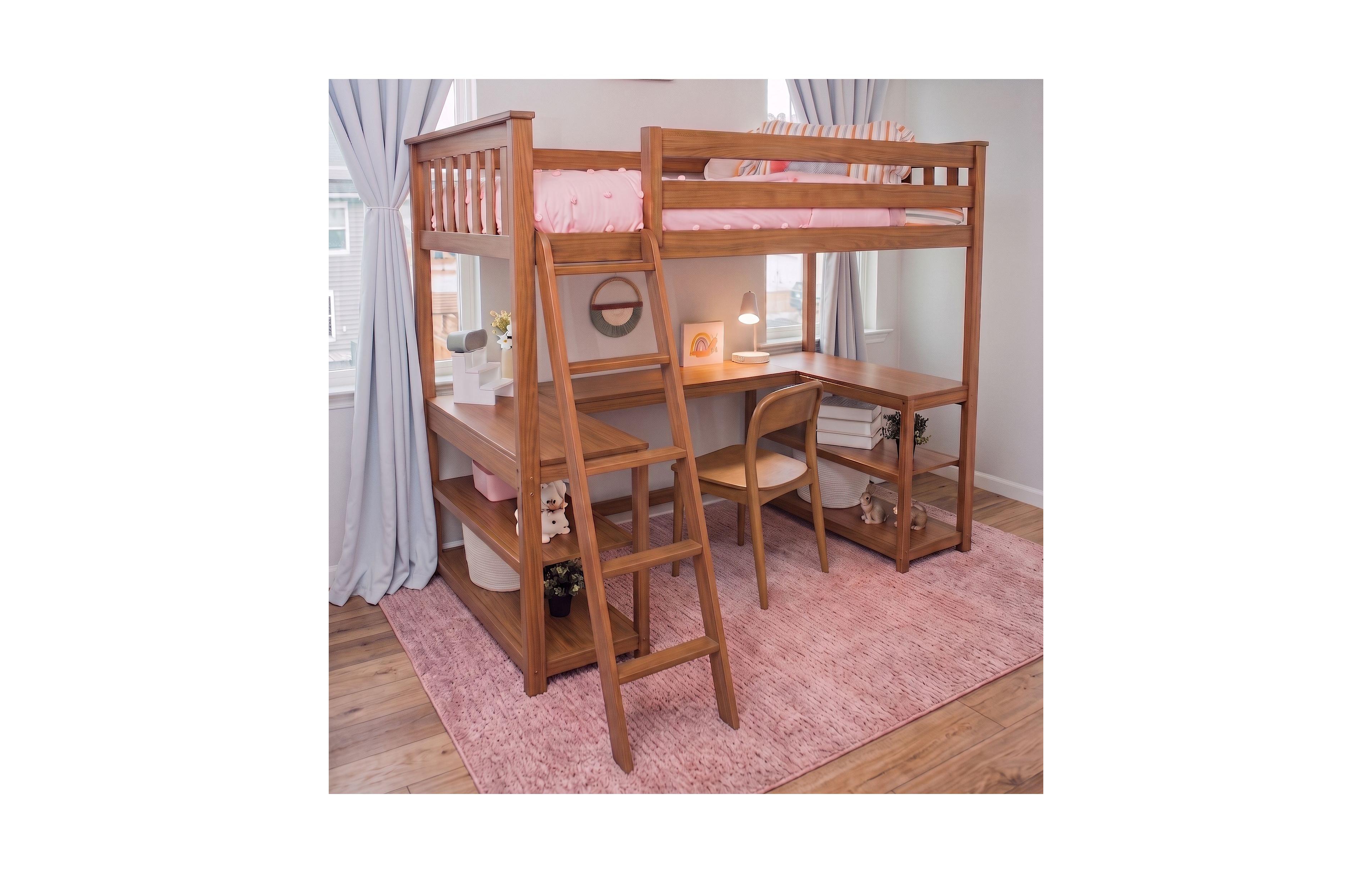 Max and Lily Twin Loft Bed, Solid Wood Bed with Desk Storage Shelves for Kids, Pecan