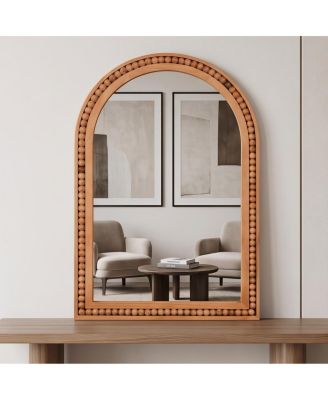 Rustic Farmhouse Arched Wall Mirror with Beaded Solid Wood Frame