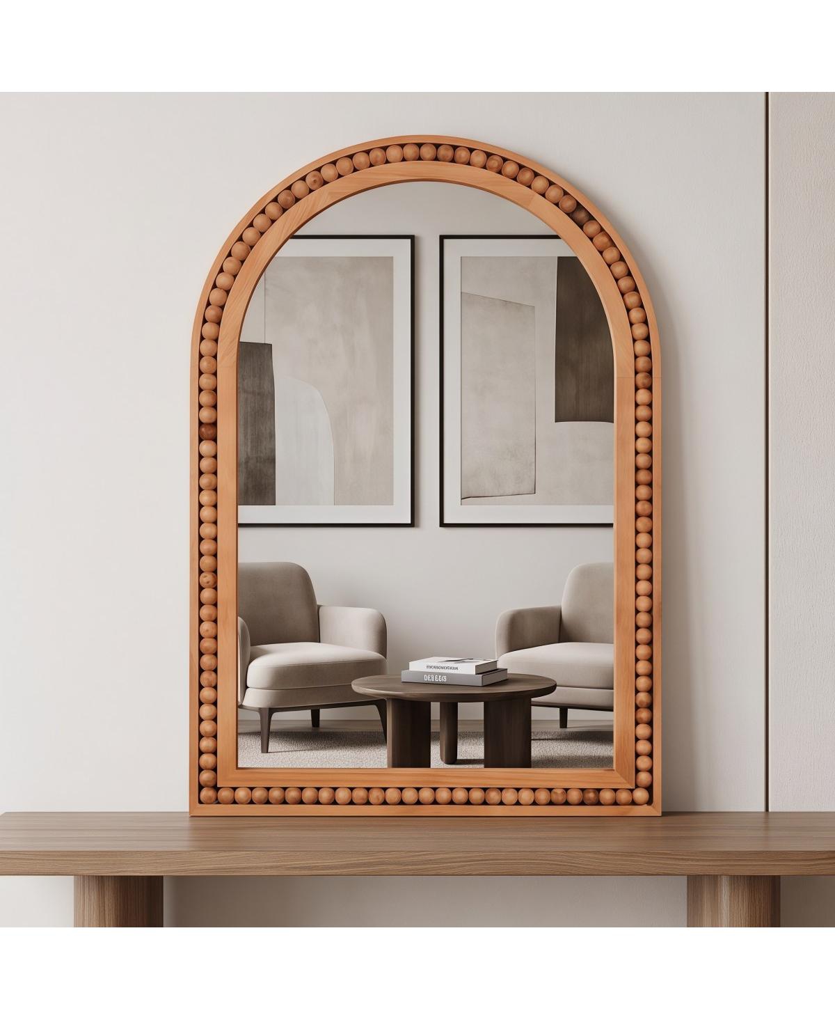 Laoties Rustic Farmhouse Arched Wall Mirror with Beaded Solid Wood Frame - Brown