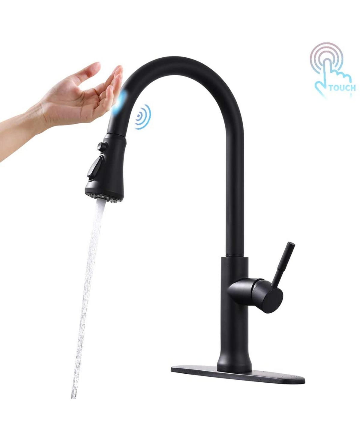 Thirtypeachy Single Handle Touch-On Pull-Down Kitchen Faucet, Brass with 3-Function Sprayer and High Arc Spout - Black