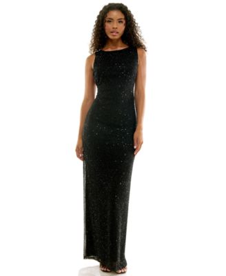Juniors' Sequin Boat Neck Open-Back Gown