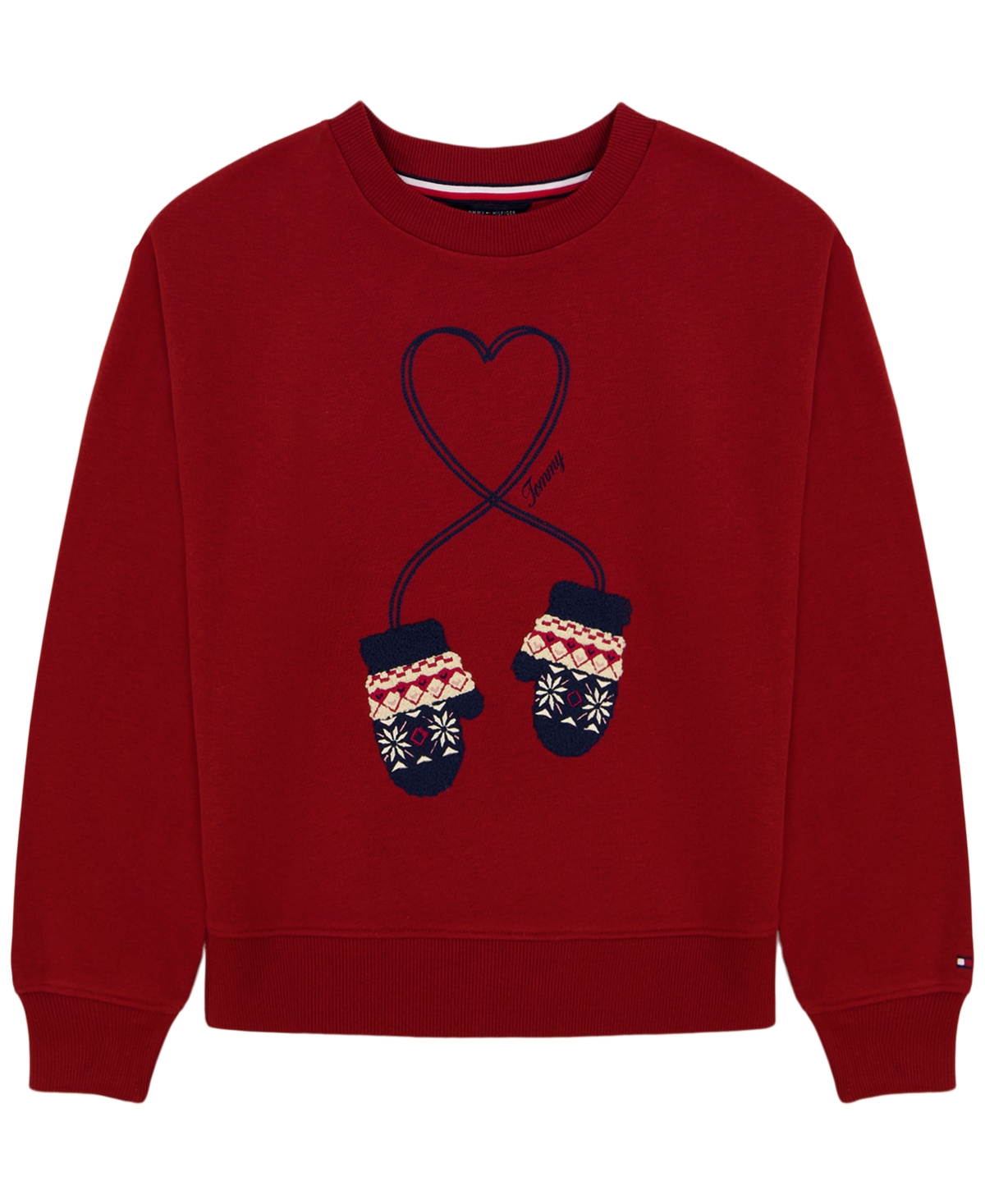 Tommy Hilfiger Girls' 7-16 Mitten Applique Embroidered Drop-Shoulder Sweatshirt