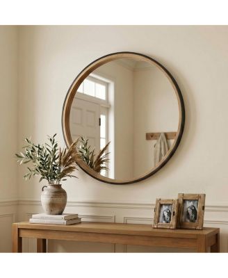 31" Modern Round Decorative Wall Mirror with Two-Tone Black and Wood Frame