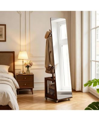 65.75" Solid Wood Rolling Full Length Mirror with Coat Rack and Storage Basket
