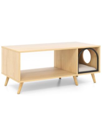 40 Inch Coffee Table Cat House with Open Storage Shelf Side Compartment and Rubber Wood Legs