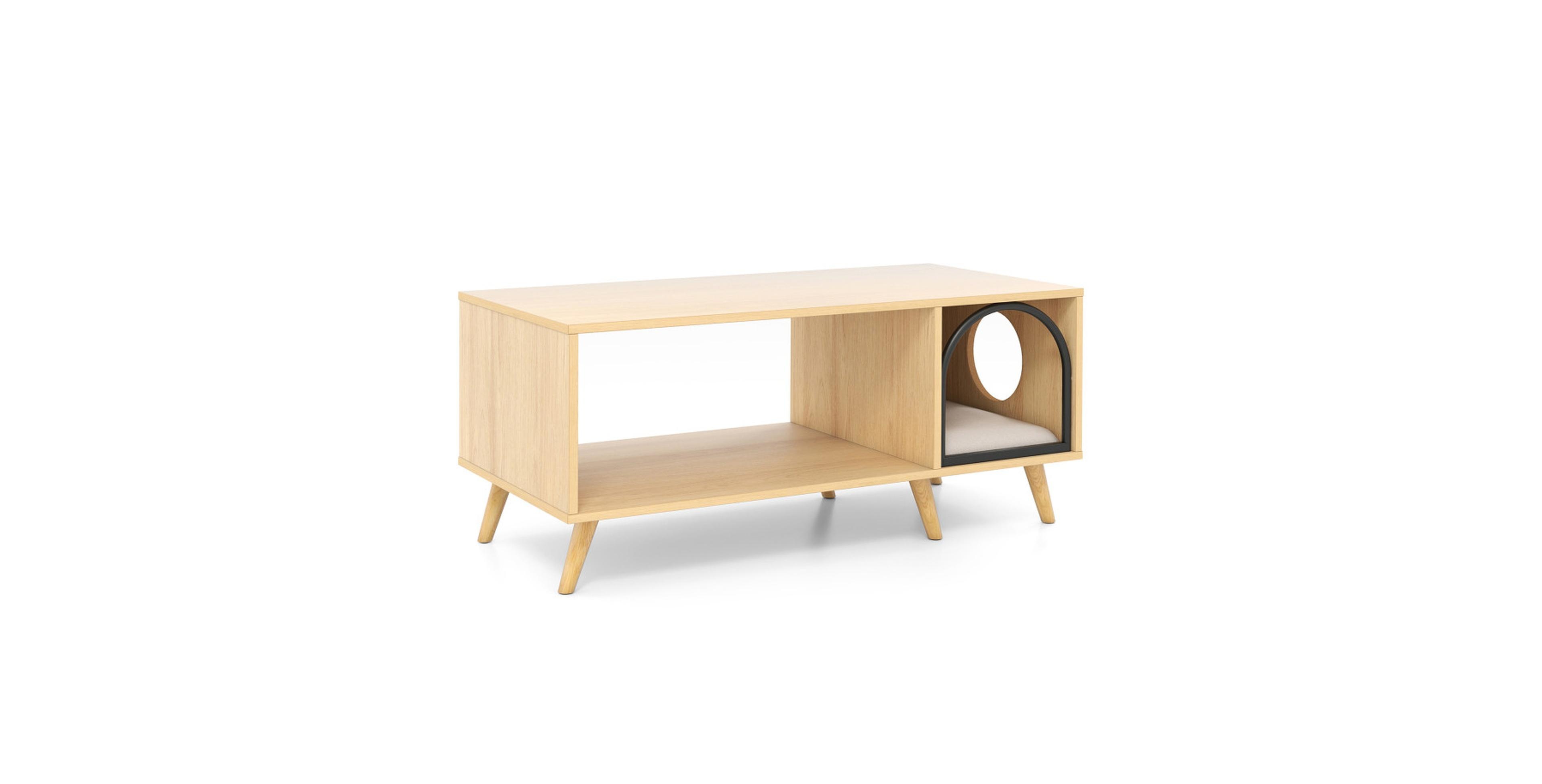 Sugift 40 Inch Coffee Table Cat House with Open Storage Shelf Side Compartment and Rubber Wood Legs
