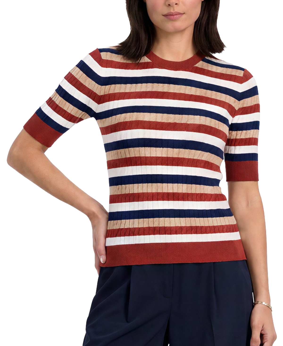 Elie Tahari Women's Ailany Striped Ribbed-Knit Short-Sleeve Sweater