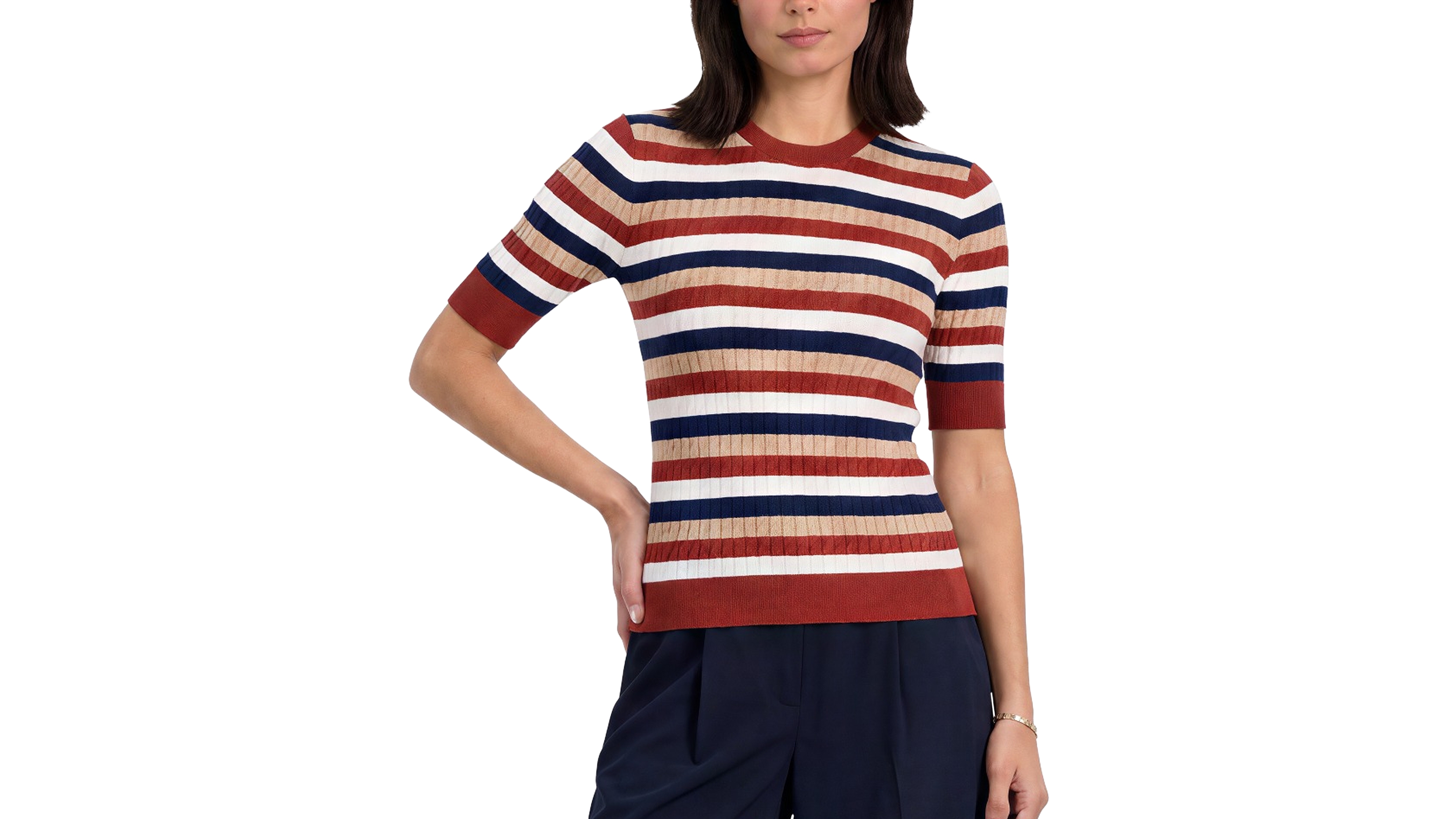 Elie Tahari Women's Ailany Striped Ribbed-Knit Short-Sleeve Sweater
