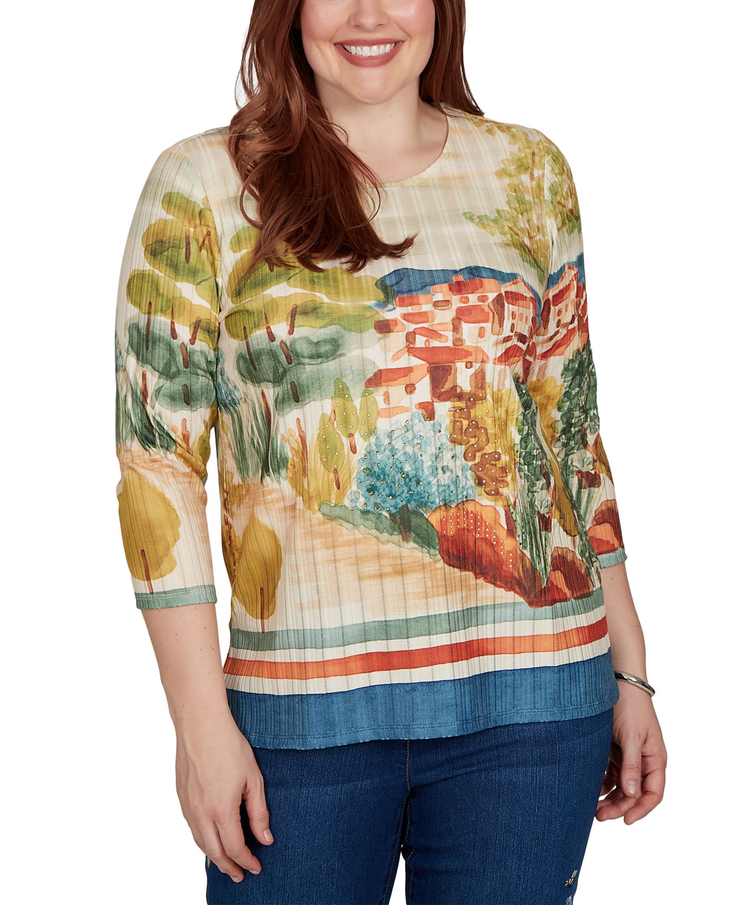 Женский топ Alfred Dunner Petite Side-Slit 3/4-Sleeve Knit, цвет: Жёлтый разноцветный — фото 3