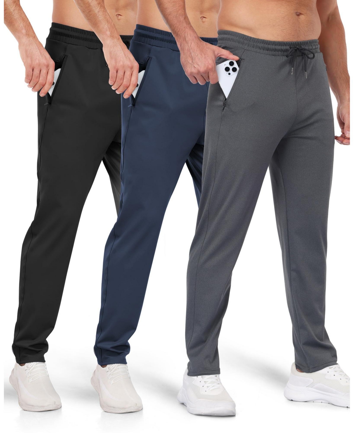 Gnuadz 3 Pack Mens Athletic Pants with Zipper Pockets Running Gym Joggers - Black navy gray