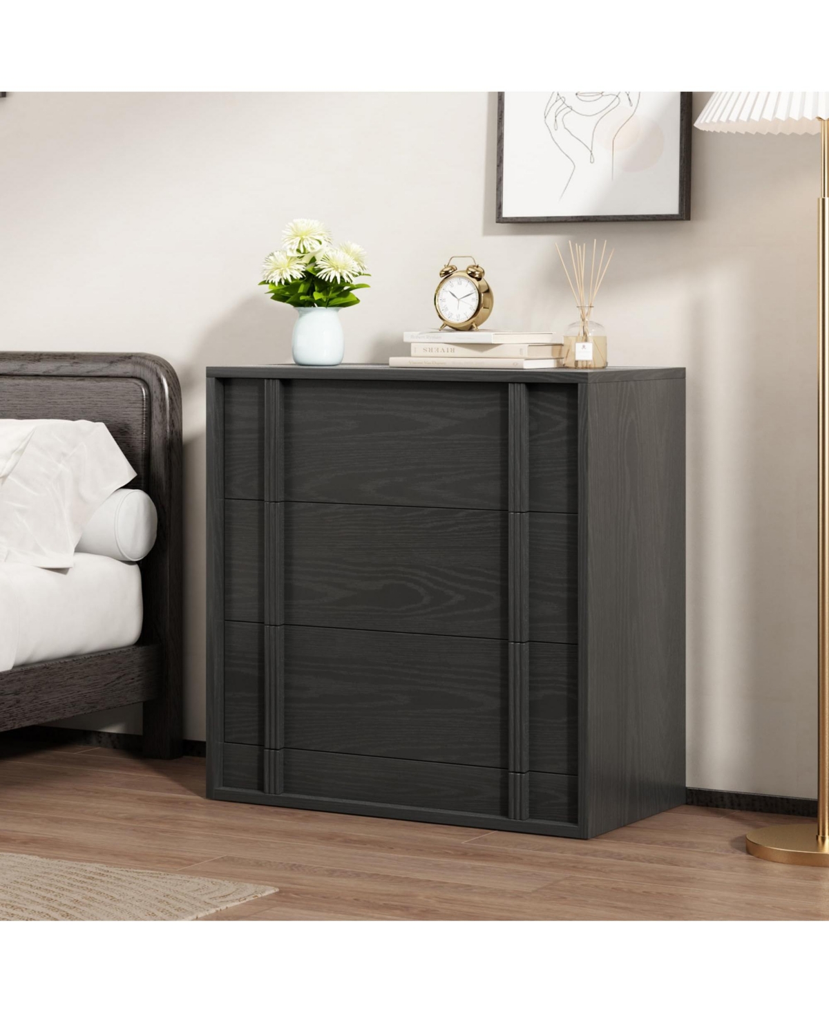 homfan Nightstand with 3 Drawers for Bedroom, Modern Bedside Table Vertical Handle, Wooden Storage Cabinet Side Living Room Dorm