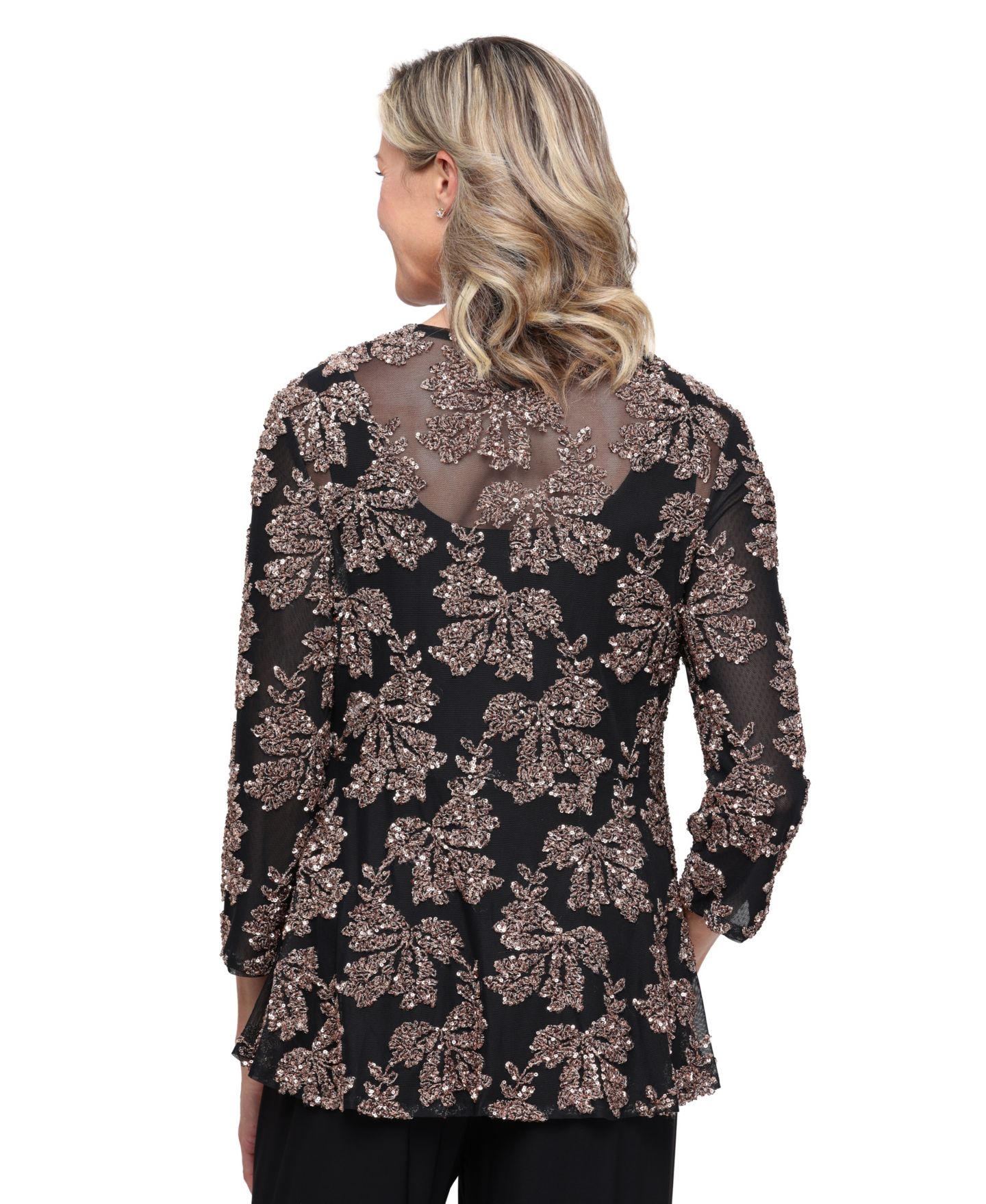 Женские комплекты Alex Evenings 3/4-Sleeve Sequin Floral Tank and Jacket, 2-Piece Set, цвет: Чёрный / Бронзовый — фото 4