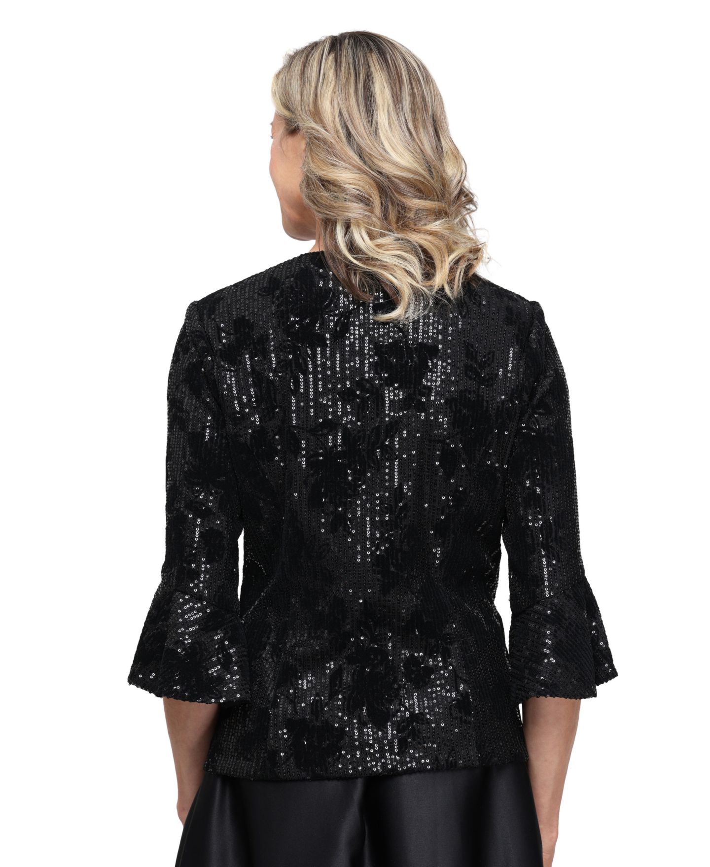 Женская куртка Alex Evenings Flocked Sequin 3/4-Sleeve Bell-Sleeve, цвет: Чёрный — фото 2