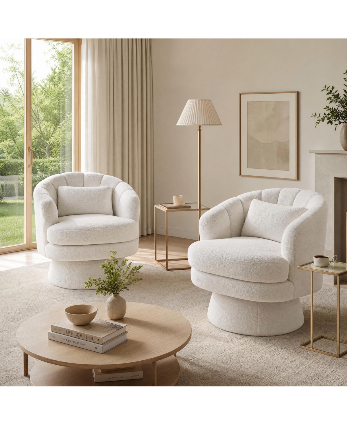 homfan Set of 2 Beige Oversized 360degree(s) Swivel Accent Chairs, Barrel Back with Lumbar Pillow Easy Assembly for Living Room Bedroom Office