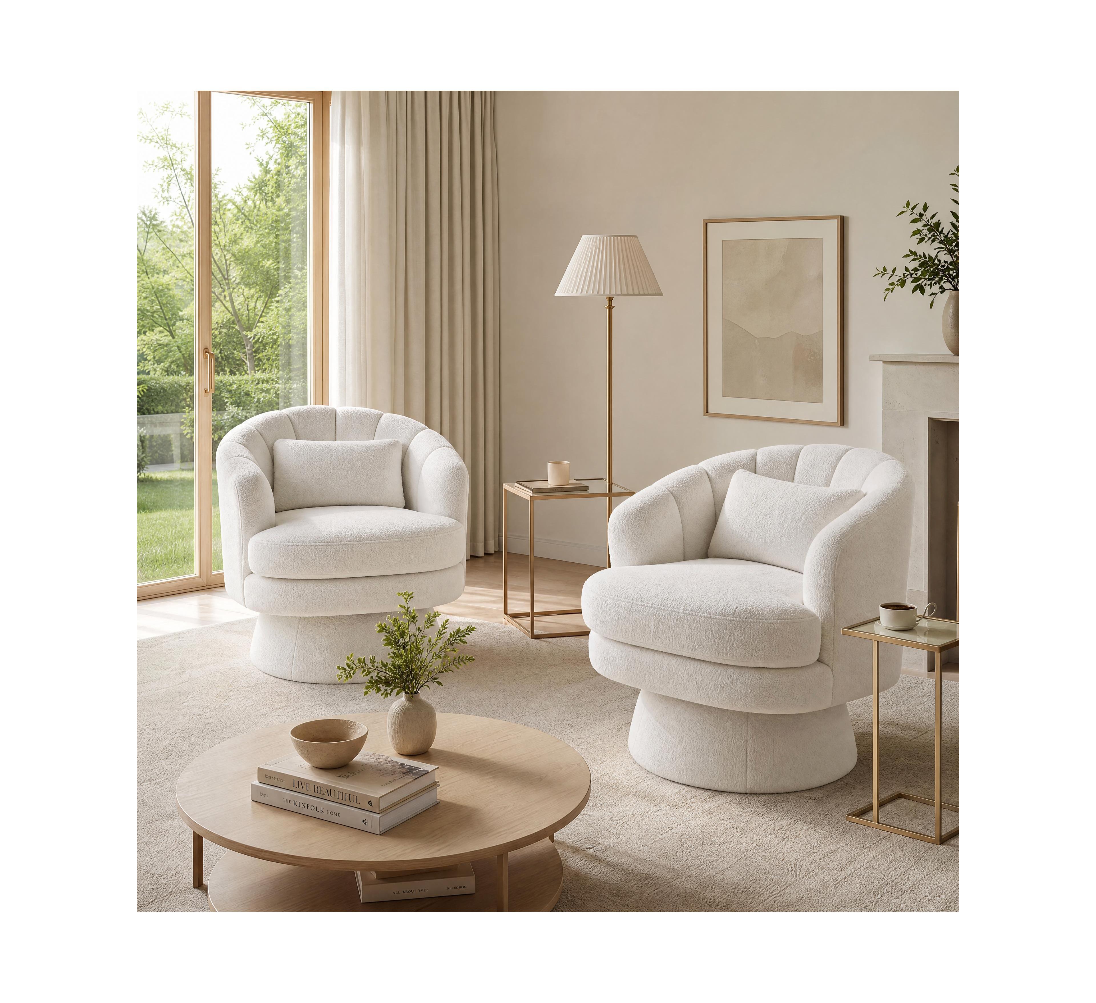 homfan Set of 2 Beige Oversized 360degree(s) Swivel Accent Chairs, Barrel Back with Lumbar Pillow Easy Assembly for Living Room Bedroom Office