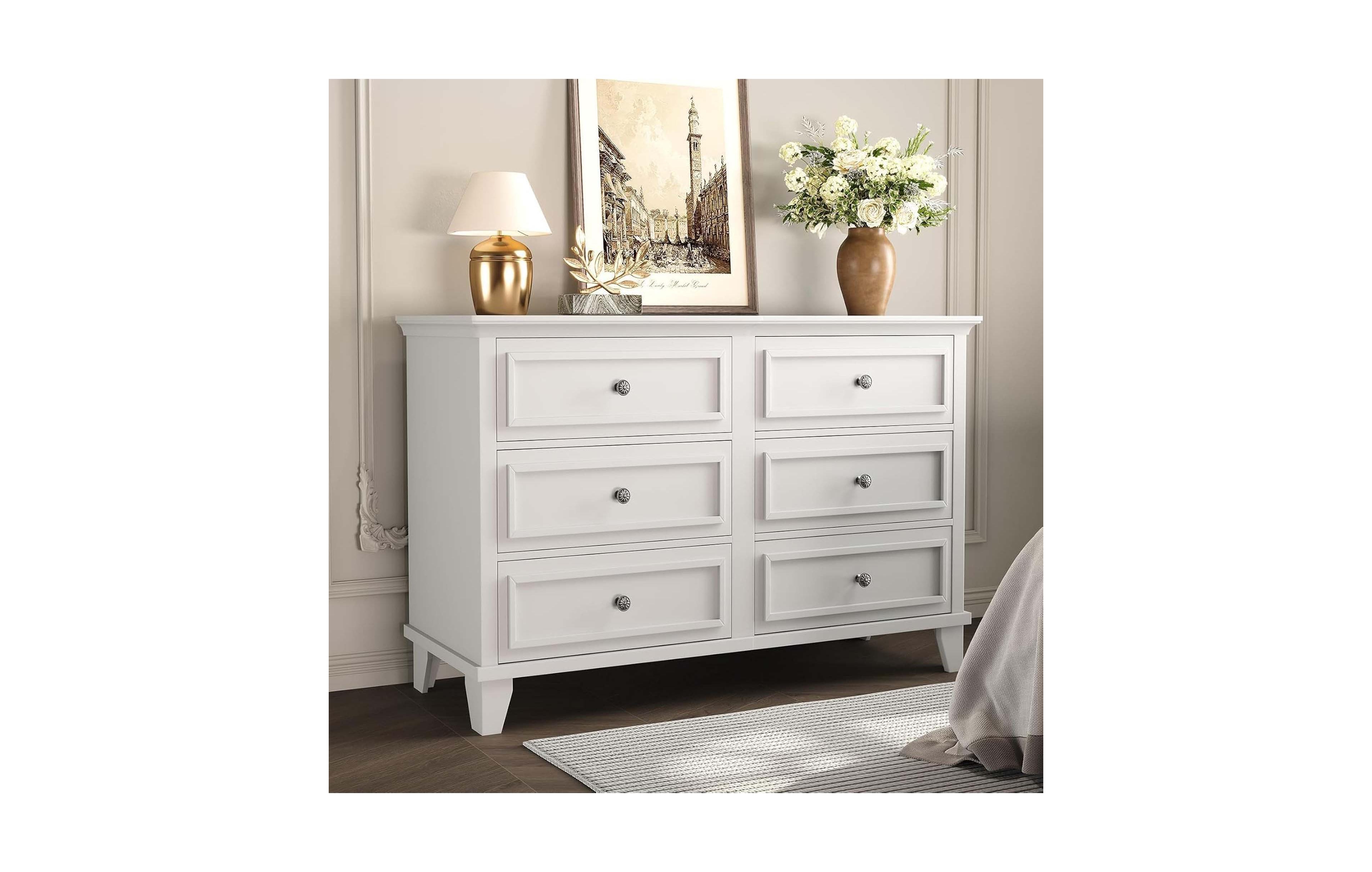 homfan 6 Drawer Dresser for Bedroom 47" Wide Engineered Wood White Storage Organizer with Metal Handles for Hallway Entryway Home Office