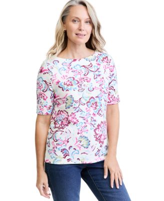 Women's Printed Elbow Sleeve Boatneck Top